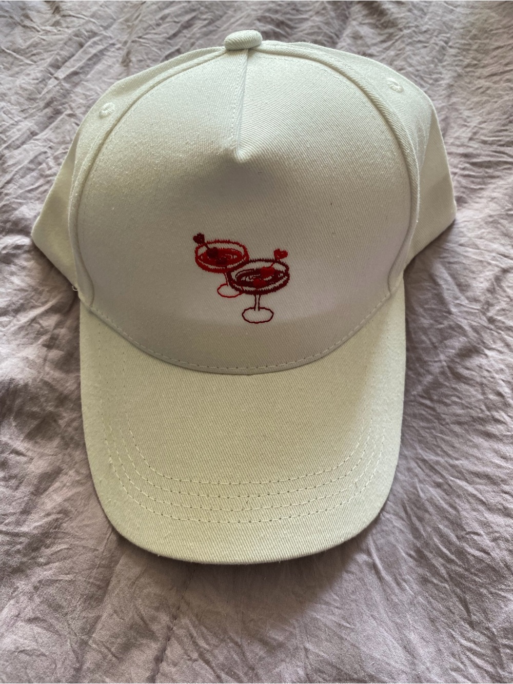 NWT Francesca's White Cap with Red Martini Embroidery